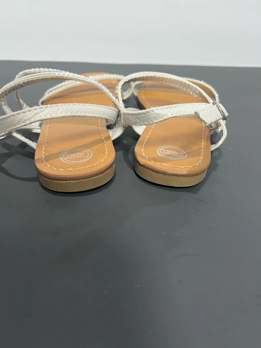 Wonder Nation Silver Mirror Adjustable Ankle Strap Little Girls Flat Sandals